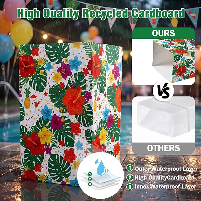 Tinlade 6 Pack 13 Gallon Tropical Disposable Trash Cans Extra Large Thickened Waterproof Reusable Garbage Bins Foldable Pop up Bins with Palm Leaves Hibiscus Flower for Summer Pool Beach Luau Party