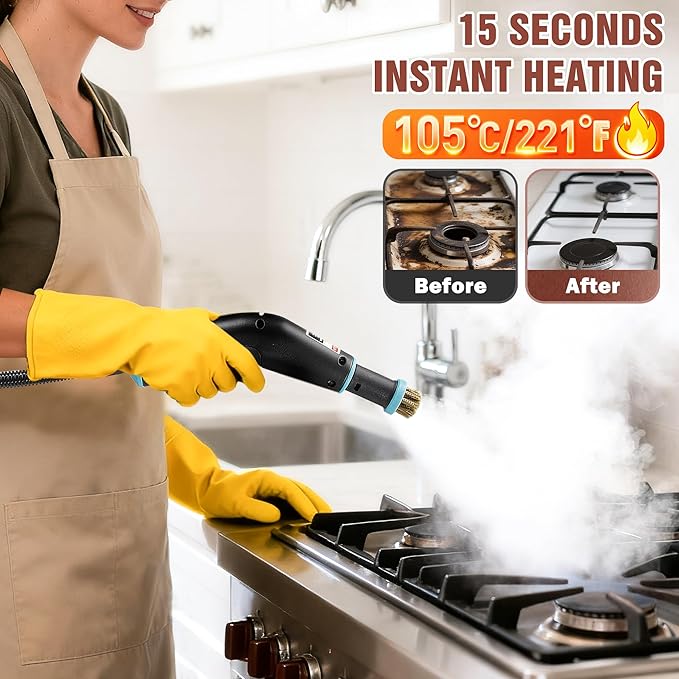 Steam Cleaner 4 Bar High Pressure Steamer with 6-Level Adjustable 15s Heat-Up 42.7oz Large Tank 7ft Extended Hose 18 pcs Accessories Portable Steam Cleaner for Home Car Tile Grout Grease
