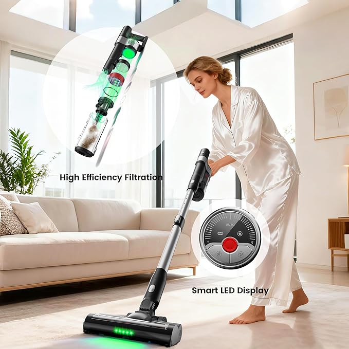 DlandHome Cordless Vacuum Cleaner Portable Rechargeable Stick Vacuum with Auto-Empty System Up to 45 Minutes Anti-Tangle Brush LED Headlights 35KPA Powerful Suction for Home Pet Hair Carpets
