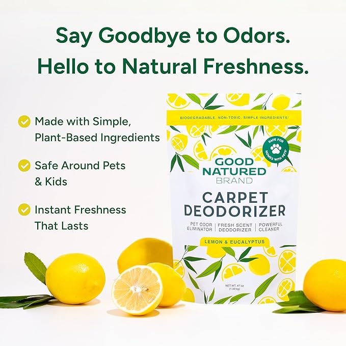 Good Natured Brand | Carpet Deodorizer &amp Freshener Powder | 47 oz Pet Odor Eliminator for Strong Odor &amp Pet Urine | Fresh Natural Lemon &amp Eucalyptus Scent | Safe for Homes with Pets