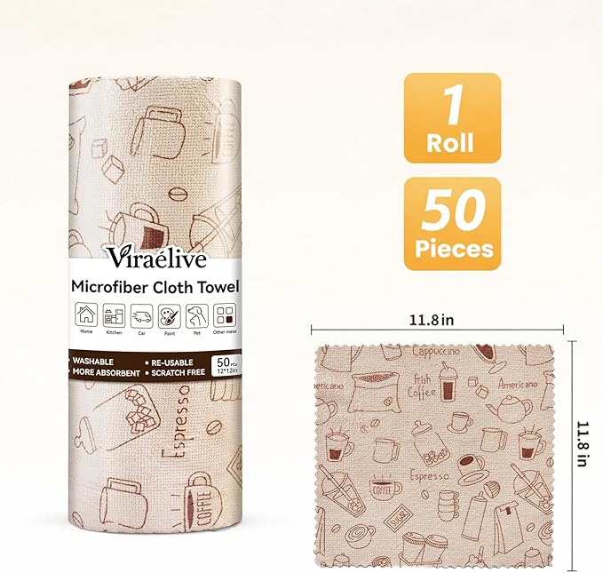 Microfiber Cleaning Cloth Roll 50-Count Reusable Washable Rags Absorbent Lint-Free Non-Scratch Streak-Free Tear-Away Barista Towels for Kitchen &amp Home Bar &amp Studio 12x12 in