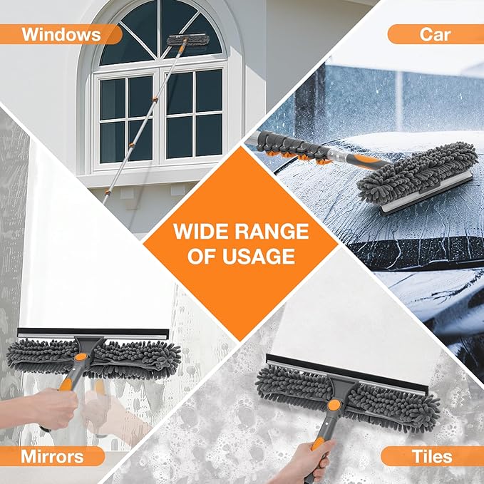 26Ft Window Squeegee with 5-19 FT Extension Poles 2-in-1 Window Cleaning Kit with Telescopic Pole Extra-Large 14 Window Squeegee Window Cleaner Tool with Adjustable Head for High Window Glass RV