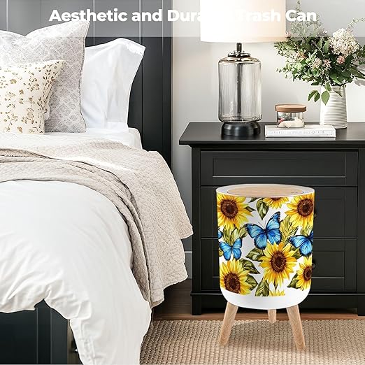 Bathroom Trash Can with Lid Beautiful Seamless Sunflowers Blue Butterflies White Garbage Bin Waste Basket for Kitchen Office Bedroom Decoration Diaper Pail 1.8 Gallon