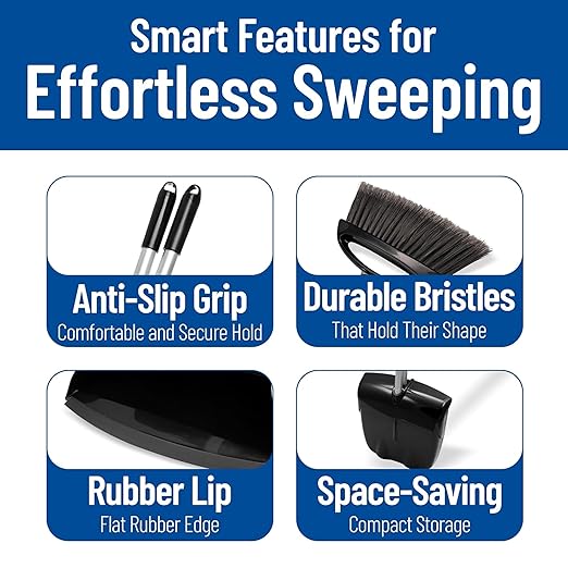Carlisle FoodService Products Duo-Pan Upright Dust Pan and Broom Set with Adjustable Broom Head for Floor Cleaning Restaurants and Janitorial Use 36 x 11.8 x 41 Inches Black (Pack of 4)