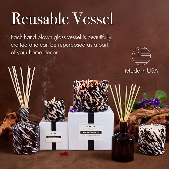 LAFCO New York Signature Fall Reed Diffuser Saffron Sandalwood - 15 oz - Up to 9 Months Fragrance Life - Reusable Hand Blown Glass Vessel - Natural Wood Reeds - Made in The USA