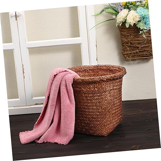 Healifty Natural Straw Woven Wastebasket Small Office Trash Container Open Top Practical Waste Paper Basket Storage Bin for Home and Bedroom