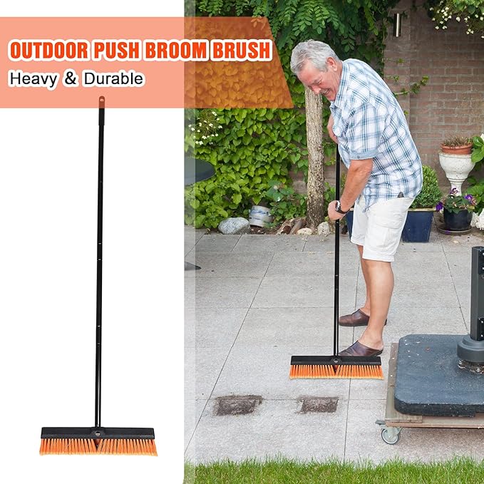 Zhehao 6 Pack 18 Inches Push Broom Outdoor Multi Surface Garden Brush Broom with Adjustable 63 Long Handle for Deck Driveway Patio Warehouse Garage Yard Concrete Floor Cleaning (Orange)