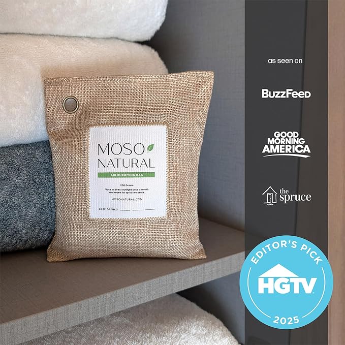 Moso Natural Air Purifying Bag 200g (4 Pack). A Scent Free Odor Eliminator for Cars Closets Bathrooms Pet Areas. Premium Moso Bamboo Charcoal Odor Absorber. Two Year Lifespan! (Natural Beige)