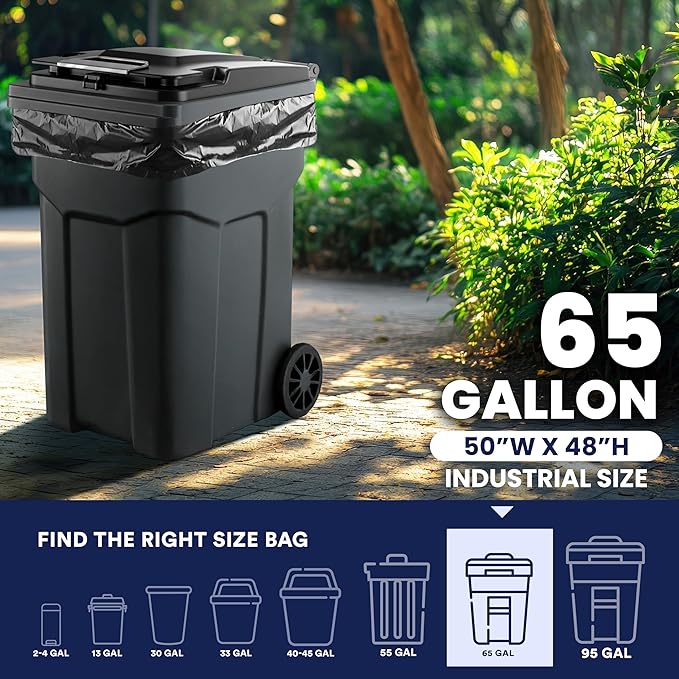 Plasticplace 65 Gallon Trash Bags │ 1.5 Mil │ Black Heavy Duty Garbage Can Liners │ 50” x 48” (50 Count)