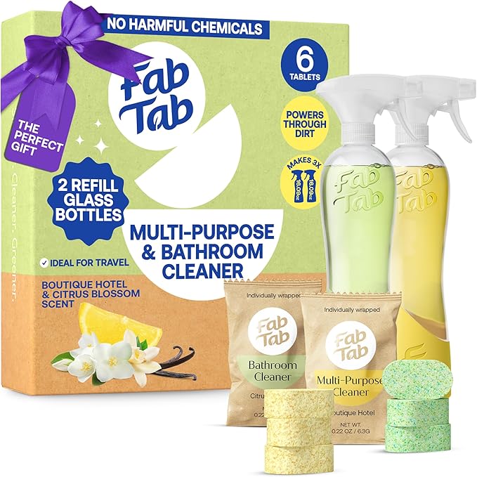 Fab Tab Bathroom and All Purpose Cleaner Tablets Bundle With Bamboo Cleaning Cloths And Coconut Sponge - Bathroom + Multi-Purpose Cleaner Tablets and Bamboo Towels Cleaning Solution