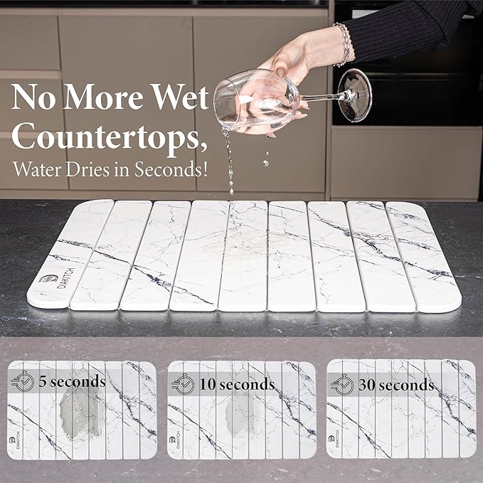 Stone Drying Mat for Kitchen Counter – Super Absorbent Stone Dish Drying Mat Foldable &amp Quick Dry Diatomaceous Earth Mat for Dish &amp Bottle Ideal for Kitchen - 23.6 x 15.4 White