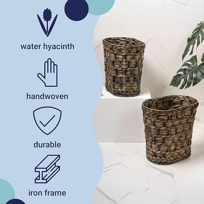 happimess HPM1401B-SET2 Miles Rustic Farmhouse Handwoven Water Hyacinth 4.5-Gallon Tapered Oval Wicker Watebasket Brown (Set of 2)