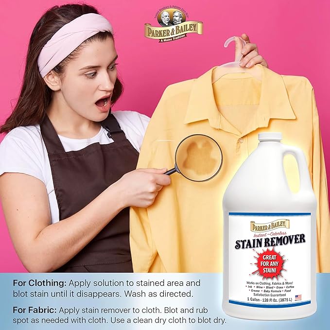 Parker &amp Bailey Liquid Stain Remover - Instant Stain Removal on Laundry Clothing Fabric Ink Grease Blood Grass Coffee Wine Food Carpet Upholstery Spot Cleaner Odor Free Detergent Booster - Gallon