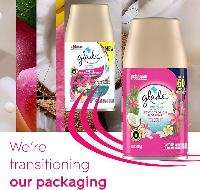 Glade Automatic Spray Refill and Holder Kit Air Freshener for Home and Bathroom Tropical Blossoms 6.2 Oz 2 Count (Pack of 2) Multicolor