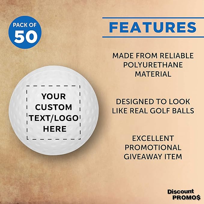 DISCOUNT PROMOS Custom Golf Shaped Squeeze Balls Set of 50 Personalized Bulk Pack - Perfect for Promotional Giveaways - White