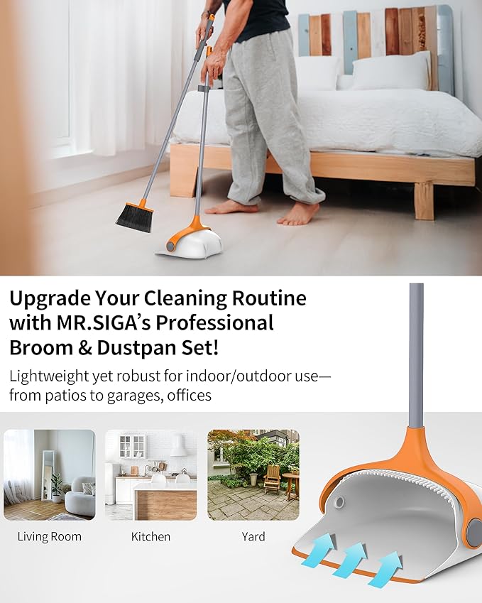 MR.SIGA Broom and Dustpan Set with Long Handle Stand Upright Broom with Dustpan Combo for Cleaning Office Garage Lobby Lightweight Sweeping Set 51.7(131 cm) Long Handle White &amp Orange