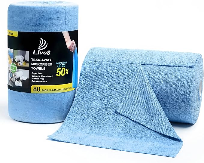LIVOS Microfiber Cleaning Cloth Roll - 80 Pack Reusable Paper Towels Blue Tear Away Microfiber Towels for Cars Super Absorbent Lint Free Cleaning Rags for House Kitchen Window-11.5x11.5