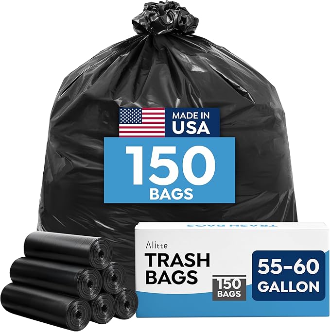 Large Trash Bags 55-60 Gallon | 150 Count Heavy Duty Black Garbage Bags | Unscented Leak Proof Bulk Pack for Office Industrial &amp Commercial Use - Made in USA