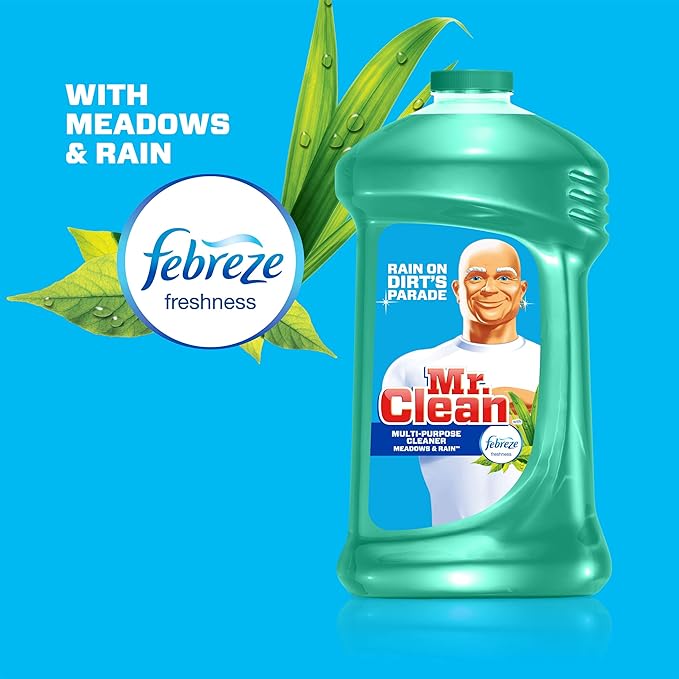 Mr. Clean Liquid All Purpose Multi-Surface Cleaner | Meadows and Rain with Febreze Freshness - 45 Ounce Each Bottle (Pack of 2) (Total 90 fl oz)