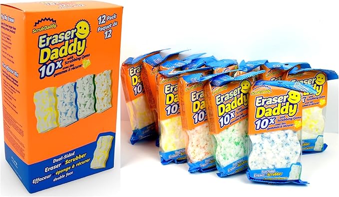 Scrub Daddy - Eraser Daddy with Scrubbing Gems Dual-Sided Scrubber and Eraser Lasts 10x Longer Than Ordinary Melamine Erasers Water Activated Ergonomic Pack of 12 Includes 4 Colors