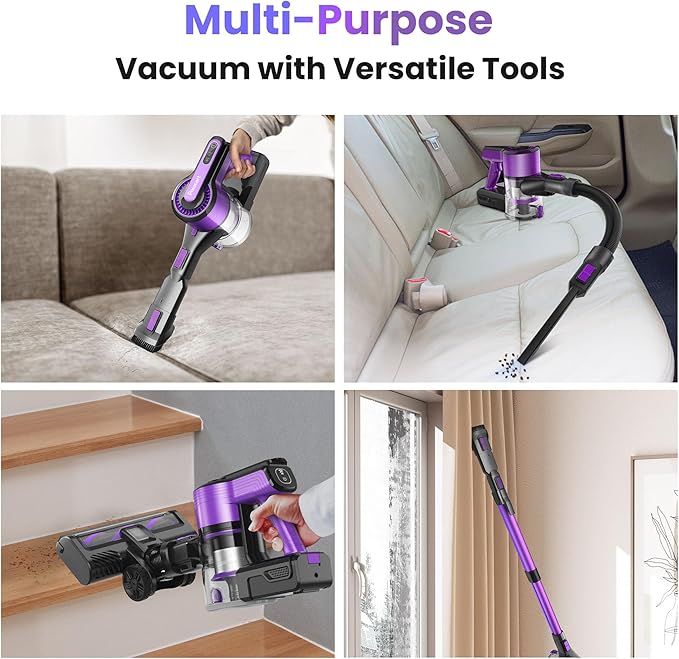 Lightweight Cordless Vacuum Cleaner for Home Powerful Wireless Vacuum with LED Lights &amp Anti-Tangling Roller 8 in 1 Stick Vacuums &amp Electric Brooms for Hard Floor Pet Hair Carpet (Purple)