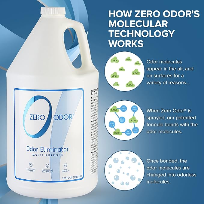 Zero Odor Multi-Purpose Household Odor Eliminator Spray Two Pack 8oz Patented Technology Best for Bathroom Kitchen Fabrics Closet- Smell Great Again 128oz