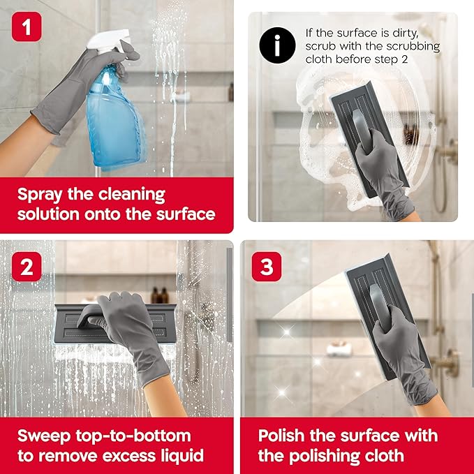 Tyroler Silicone Shower Squeegee for Glass Doors - 10 | 2 Microfiber Scrub &amp Polish Cloths | Multi-Surface Wiper | Perfect Window Squeegee for Home | Squeegee for Shower Glass | Shower Door Squee
