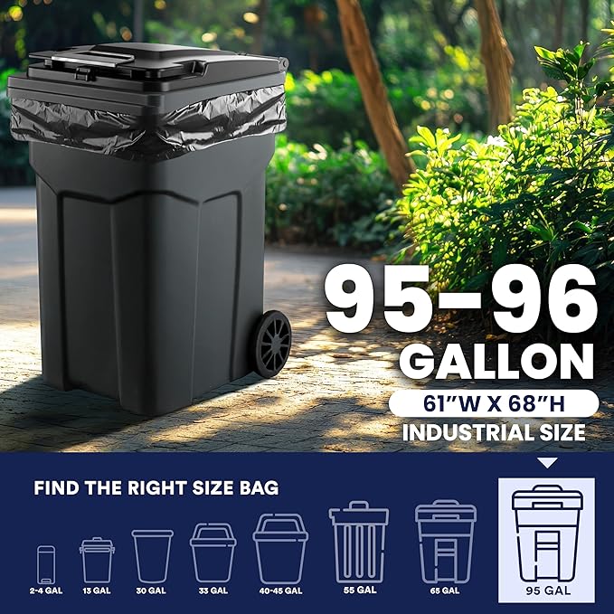 Plasticplace 95-96 gallon Garbage Can Liners │ 3 Mil │ Black Heavy Duty Trash Bags │ 61” x 68” 25 Count (Pack of 1)
