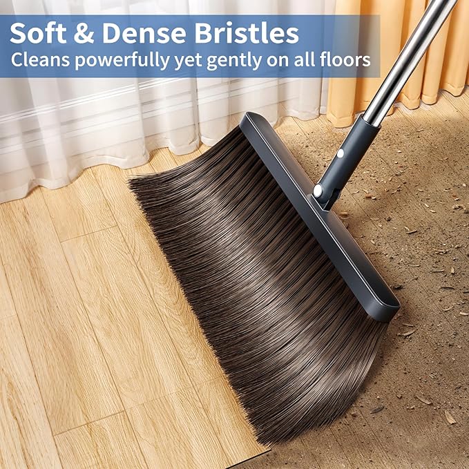 Broom with Dustpan Combo Set Broom and Dustpan Set with 51.6 Long Handle &amp Two Broom Heads Brooms with Dust Pan Teeth for Pet Hair Indoor&ampOutdoor Sweeping Home Kitchen Office
