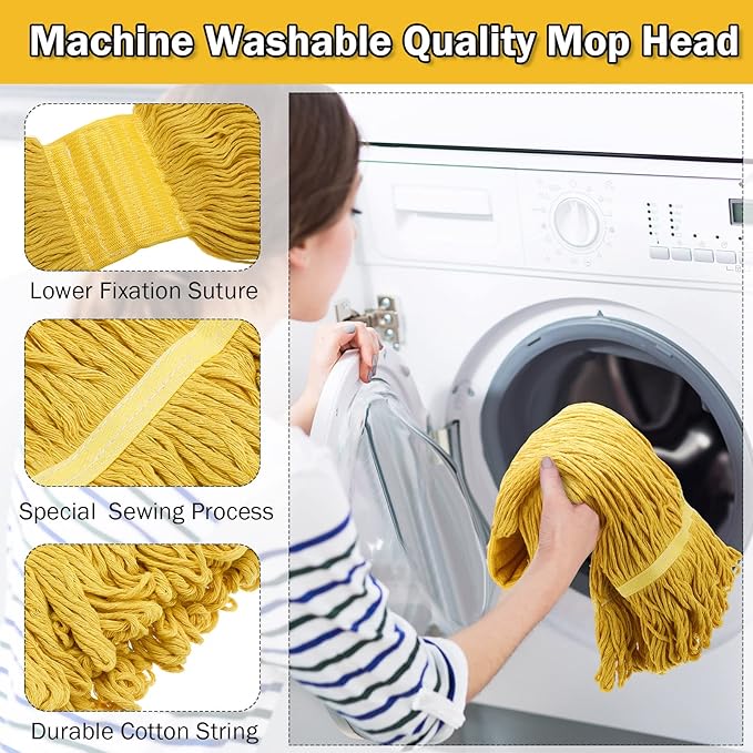 Gejoy 2 Sets Looped End Commercial Mop Heavy Duty Industrial Mop with 4 Mop Replacement Heads Stainless Steel Pole Iron Clamp Cotton Mops for Floor Cleaning Dust Wood Floor Kitchen Blue Yellow