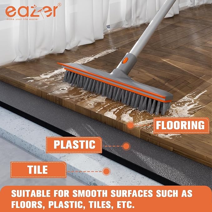 Eazer Floor Scrubber Brush 2-in-1 Deck Scrubber Brush with Long Handle Soft &amp Hard Bristle Brush for Cleaning Concrete Squeegee Broom for FloorBathroom GarageKitchenWallTile and Swimming Po