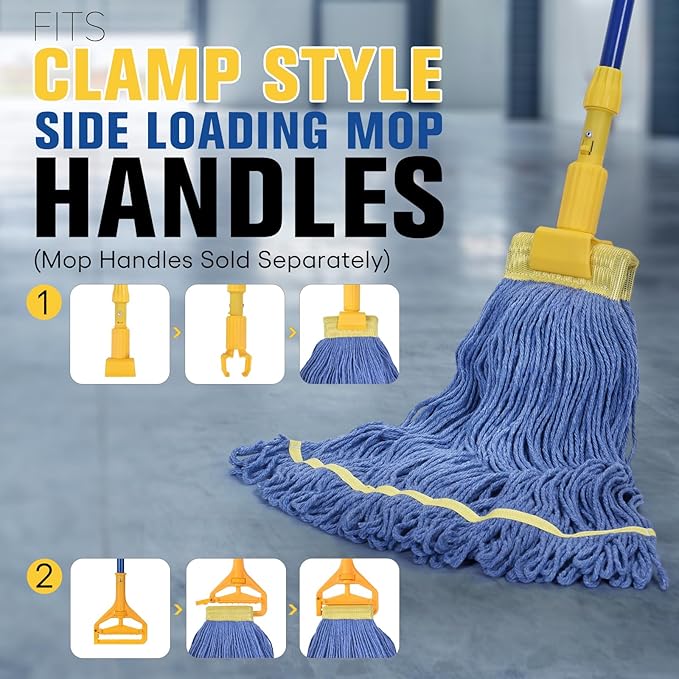 Matthew Cleaning Commercial Mop Head Replacement 5 Inch Wide Headband Looped End Cotton Blend String Wet Mops for Floor Cleaning 24 oz Large Case Pack 12 Pcs Blue