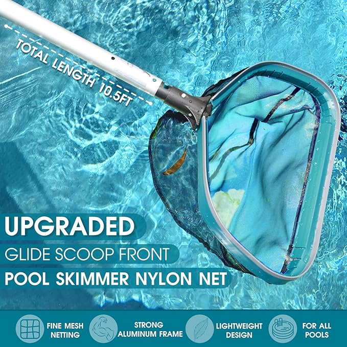 Swimming Pool Cleaning Kit - Aluminum Frame Skimmer Net with 10Ft Adjustable Pole &amp 17.5” Pool Brush Head Pools Maintenance Kits for Inground &amp Above Ground Swimming Pools Removes Debris