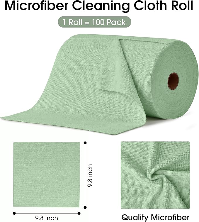 KitchLife Microfiber Cleaning Cloth Roll 100 Pack - Tear-Away Microfiber Paper Towels Lint-Free Reusable Washable for Kitchen Car Dishes and Sensitive Surfaces (Bean Green)