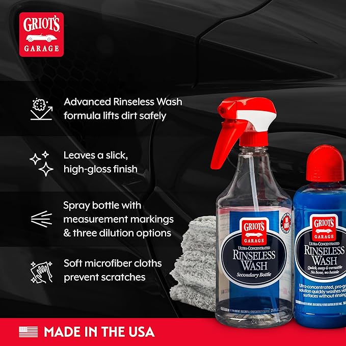 Griot's Garage Anywhere Wash Kit Vehicle Cleaning Supplies Includes Rinseless Wash 16 Oz Secondary Bottle 25 Oz Microfiber Plush Edgeless Wash Cloths Set of 2