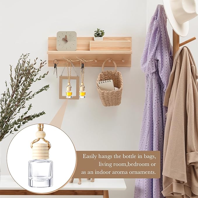 BBTO 200 Pcs Hanging Car Diffuser Bottles Bulk Empty Clear Glass Air Freshener Bottles with Wooden Cap for Perfume Essential Oils Fragrance Aromatherapy Ornament(Cylinder)