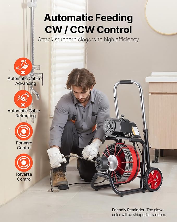 VEVOR Drain Cleaner Machine 100 FT x 3/8 Inch Auto Feed Sewer Snake Auger on Wheels - with 8 Cutters &amp Air-Activated Foot Switch for 2 to 4 Pipes