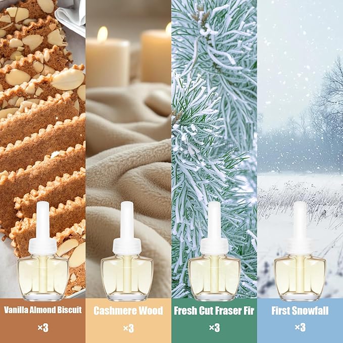 Plug In Refills Vanilla Almond Biscuit Cashmere Wood Fresh Cut Fraser Fir First Snowfall for Home and Bathroom 7.92 Fl Oz 12 Count Compatible with Air Wick &amp Glade Not Include Glade Plus