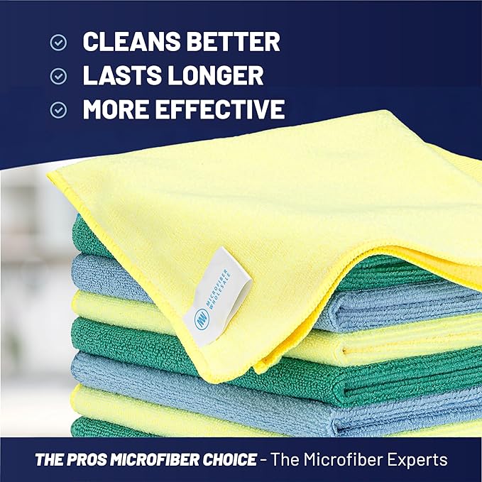 MW Pro Microfiber Cleaning Cloth | Blue Green Yellow (12 Pack) | Size 16 x 16 | All Purpose Microfiber Towels - Clean Dust Polish Scrub Absorbent
