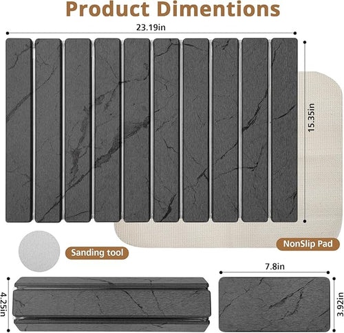 2 PCS Large Stone Dish Drying Mat for Kitchen Counter Marbled Quick Dry Stone Dish Mats Diatomaceous Earth Drying Pad Foldable and Super Absorbent Dish Drying Stone Mat (Dark Gray 24×16 &amp 8×