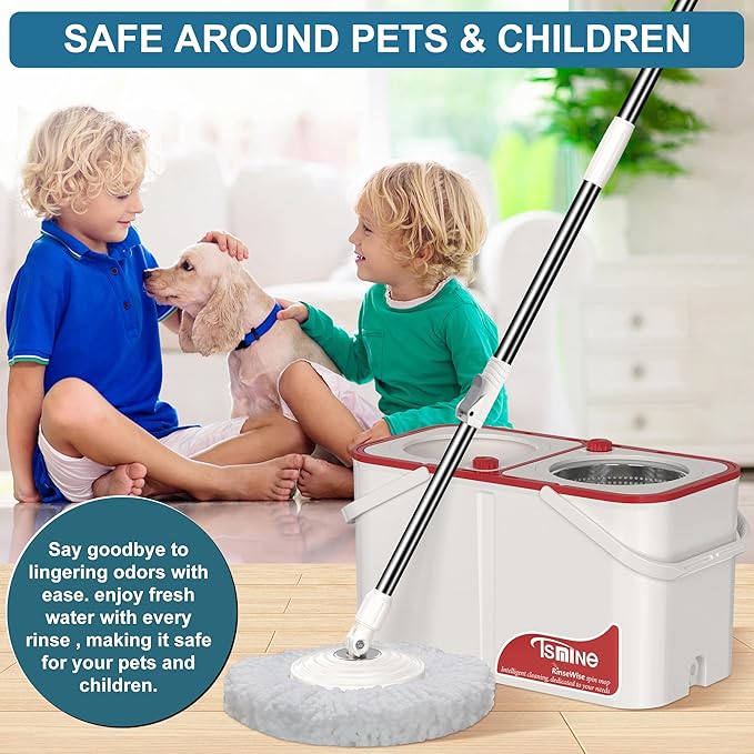 Gen 1 Large-Capacity Spin Mop and Bucket – for Big Homes &amp Deep Cleaning Days4-Chamber System Separates Dirty &amp Clean Water 2-GAL Heavy-Duty Design with Wheels &amp 6 Refill Mop Heads - Whi