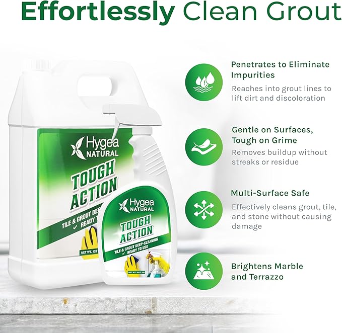 Hygea Natural Tough Action Tile &amp Grout Cleaner Duo - Deep Cleans Dirt &amp Scum &amp Enhances Stone Color - Acid-Free &amp Residue-Free Biodegradable Formula (24 oz Spray &amp Ready to Use Ga