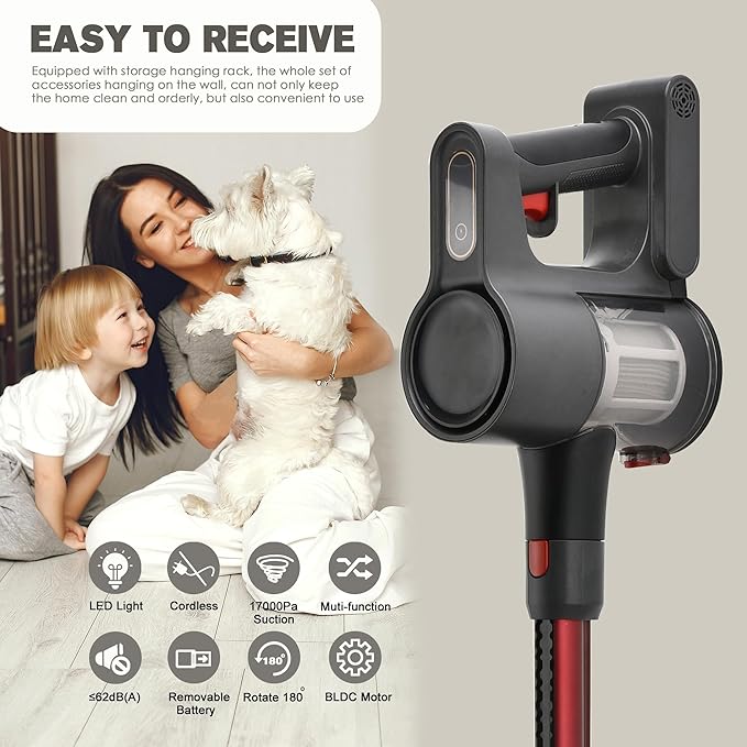 Cordless Vacuum Cleaner Powerful Brushless Motor 6-in-1 Lightweight Vacuum Cleaner Wall-Mounted with LED Display and Motor Mop Light for Pet Hair/Hardwood Floors/Cars（Gray）