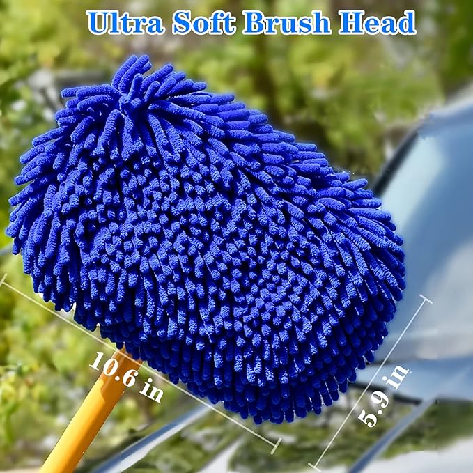 Upgrade Car Wash Brush with Long HandleChenille Microfiber Car Cleaning Brush Supplies Kit Car Wash Mop Accessories Car Washing Brush with Scratch-Free Replacement Head(Blue