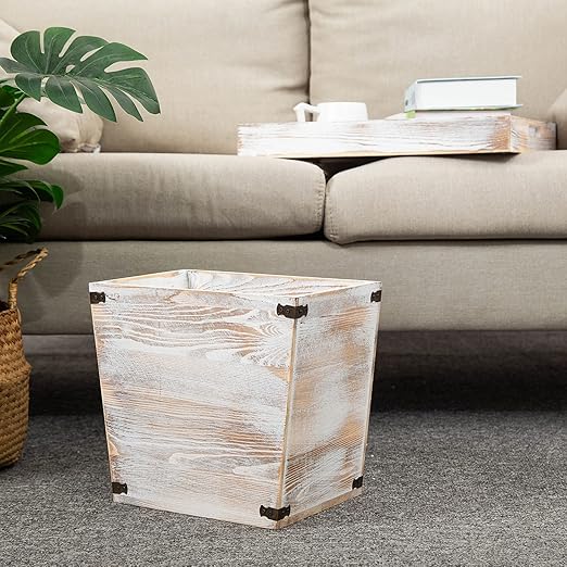 VERGOODR Grey Farmhouse Style Torched Wood Trash Can Waste Bin with Decorative Metal Brackets Trash Can for BedroomLiving Room Bathroom &amp Office (Washed White)
