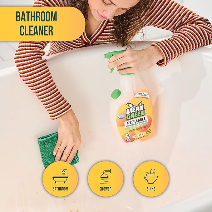 Mean Green Refillable Ultra Powered Bathroom Cleaner Concentrate Tropical Breeze 14.3 fl oz (2-Pack) – Plant &amp Mineral Based Removes 100% of Soap Scum Refillable Bottle Makes 4X Refills