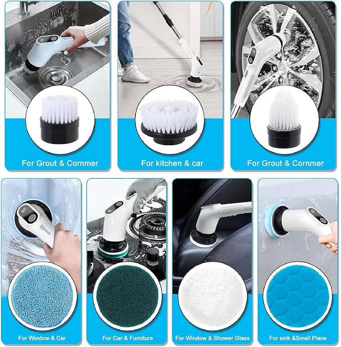 APLUSH Electric Spin Scrubber Cordless Cleaning Brush Scrubber for Home 8 Replaceable Brush Heads Shower Scrubber with Adjustable Extension Handle for Cleaning FloorsBathtubsTiles Sink