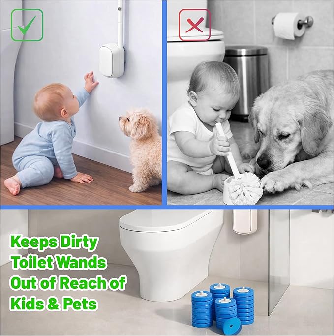 CiLoN Wall-Mounted Disposable Toilet Brush Kit and 30 Fresh Bleach Scrubbing Sponge Pads. Bathroom Space Saving Toilet Wand kit. Toilet Bowl Brush and Holder Set. (Starter Kit + 30 Brush)