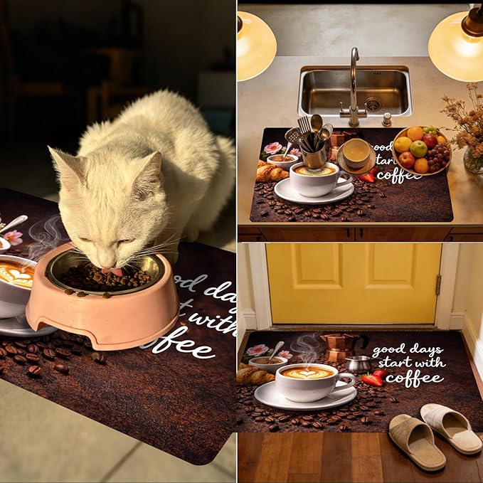 Nuxovilar Coffee Bar Mat Latte Art Scene Pattern Dish Drying Pad Natural Rubber Canvas 16.92 x 31.1 inchs Coffee Accessories Countertop Beverage Station Kitchen