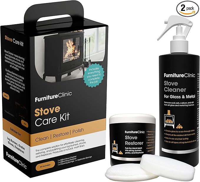 Furniture Clinic Stove Care Kit – Clean &amp Restore Log Burners Grates &amp Fireplaces | Removes Soot &amp Dirt | One Bottle Glass &amp Metal Cleaner + Stove Polish | 500ml / 17 Fl Oz Each Bott